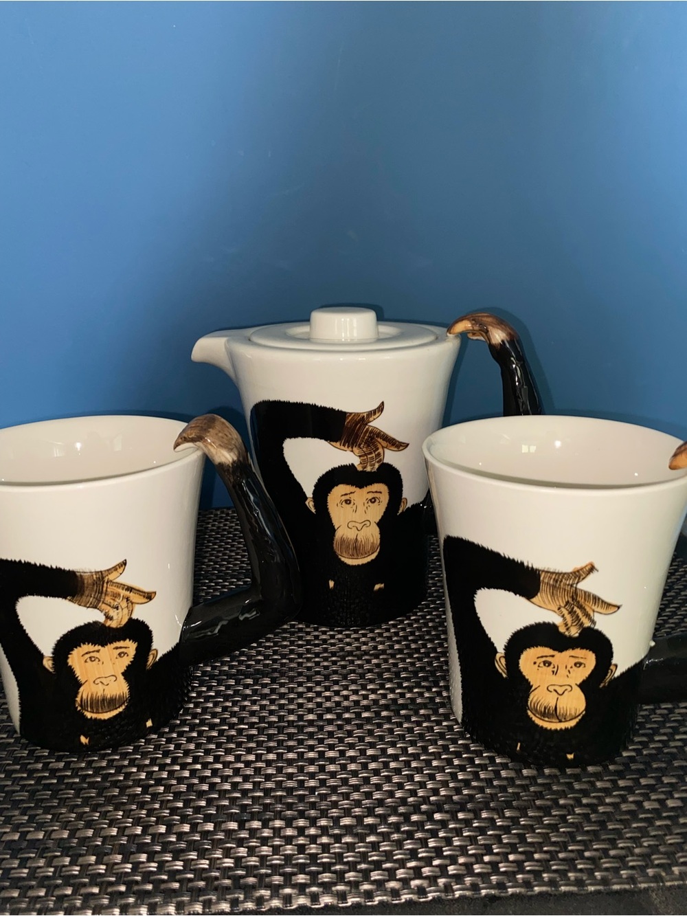 Pier 1 Monkey Tea Set - White & Black Ceramic Teapot with Mugs